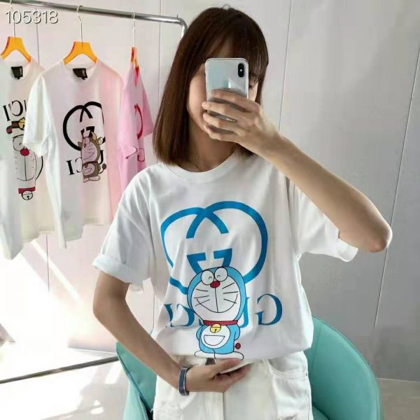 Gucci Women Doraemon x Gucci Oversize T-Shirt Ivory Cotton Jersey Crewneck-Blue (9)