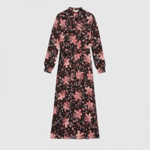 Gucci Women Floral Print Viscose Dress Black Viscose with Pink Floral Print