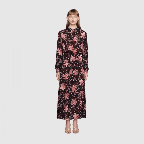 Gucci Women Floral Print Viscose Dress Black Viscose with Pink Floral Print (15)