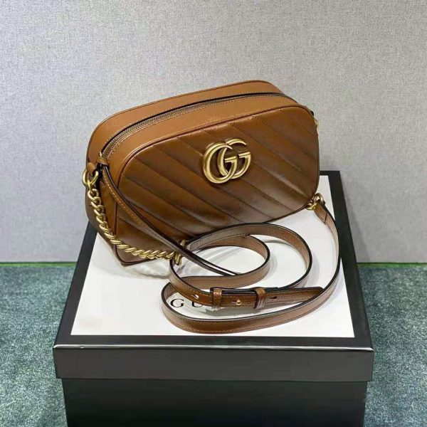 Gucci Women GG Marmont Small Matelassé Shoulder Bag Double G Brown Matelassé Leather (3)