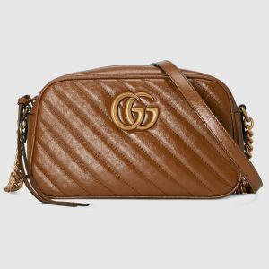 Gucci Women GG Marmont Small Matelassé Shoulder Bag Double G Brown Matelassé Leather