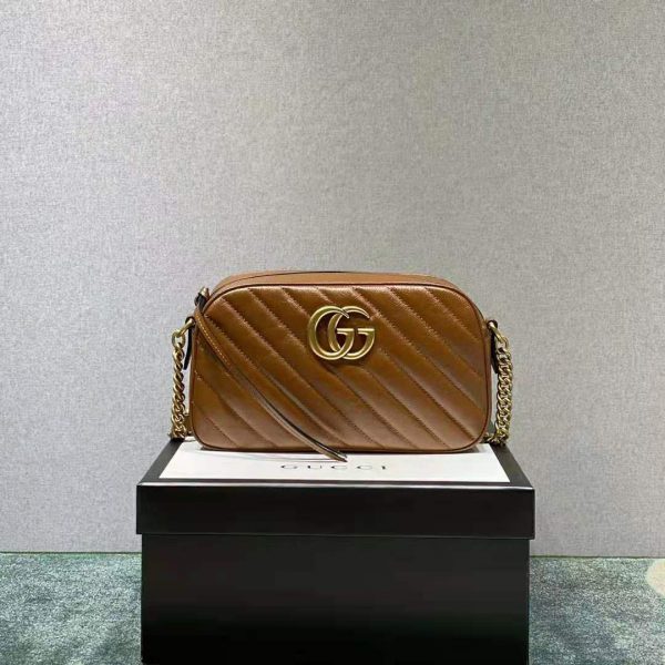 Gucci Women GG Marmont Small Matelassé Shoulder Bag Double G Brown Matelassé Leather (9)