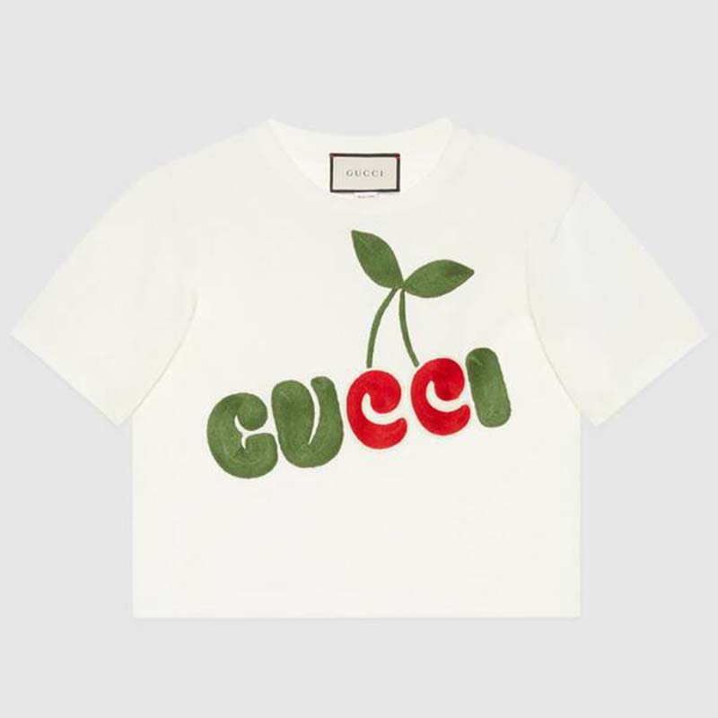 Gucci Women Gucci Cherry Print Cotton T-Shirt Jersey Crewneck Cropped Fit-White Gucci Women Gucci Cherry Print Cotton T-Shirt Jersey Crewneck Cropped Fit-White
