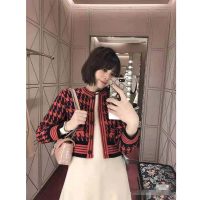 Gucci Women Houndstooth Wool Cropped Cardigan Crew Neck Red and Black