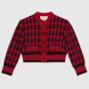 Gucci Women Houndstooth Wool Cropped Cardigan Crew Neck Red and Black