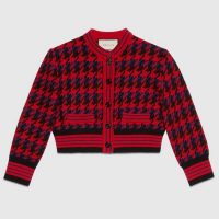 Gucci Women Houndstooth Wool Cropped Cardigan Crew Neck Red and Black