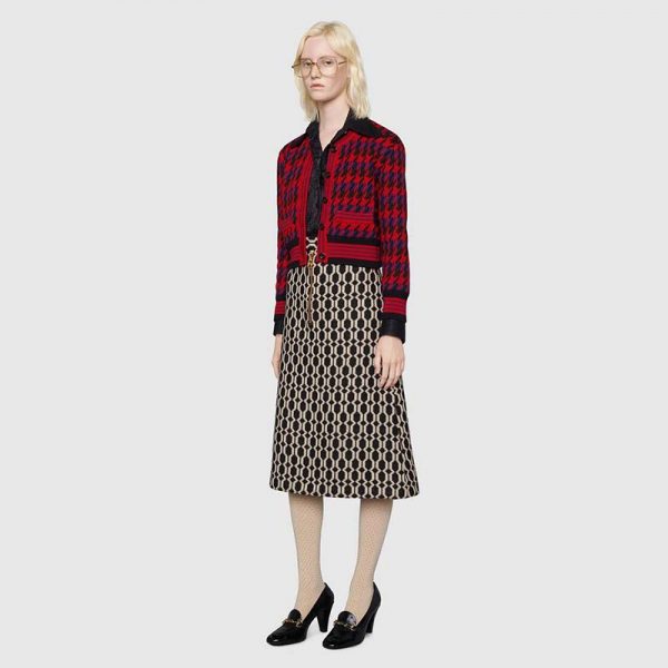 Gucci Women Houndstooth Wool Cropped Cardigan Crew Neck Red and Black (7)