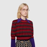 Gucci Women Houndstooth Wool Cropped Sweater Crew Neck Cropped Shape Red and Black