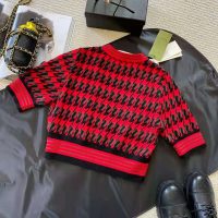 Gucci Women Houndstooth Wool Cropped Sweater Crew Neck Cropped Shape Red and Black