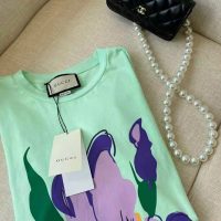 Gucci Women Ken Scott Print Cotton T-Shirt Purple Flower Crewneck Oversize Fit-Lime