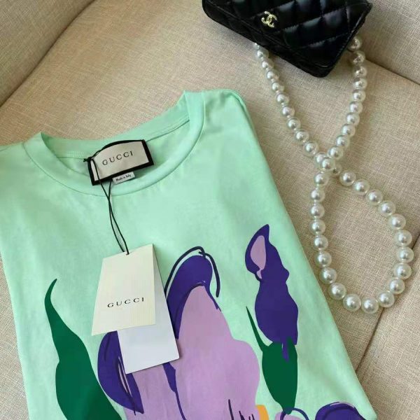 Gucci Women Ken Scott Print Cotton T-Shirt Purple Flower Crewneck Oversize Fit-Lime (14)