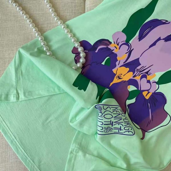Gucci Women Ken Scott Print Cotton T-Shirt Purple Flower Crewneck Oversize Fit-Lime (17)