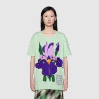 Gucci Women Ken Scott Print Cotton T-Shirt Purple Flower Crewneck Oversize Fit-Lime