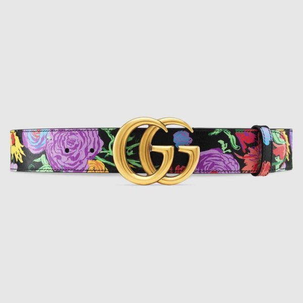 Gucci Women Ken Scott Print GG Marmont Belt Double G Buckle 4 cm Width-Black