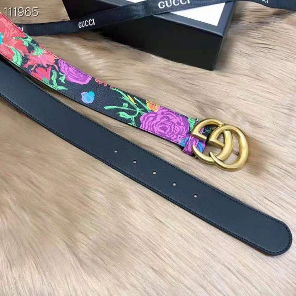 Gucci Women Ken Scott Print GG Marmont Belt Double G Buckle 4 cm Width-Black (5)