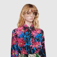 Gucci Women Ken Scott Print Silk Shirt Point Collar Front Pocket