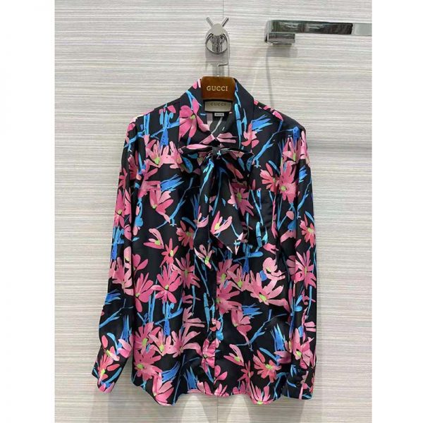 Gucci Women Ken Scott Print Silk Shirt Point Collar Front Pocket (2)