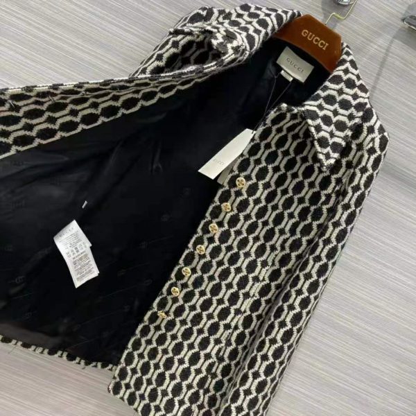 Gucci Women Optical Tweed Jacket Wool Black and Ivory Optical Tweed Point Collar (2)