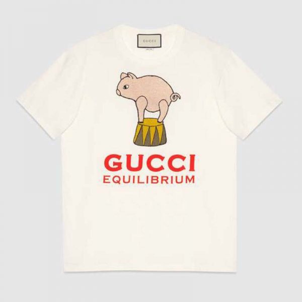 Gucci Women Piglet Patch Oversize T-Shirt Cotton Jersey Crewneck Oversize Fit-White