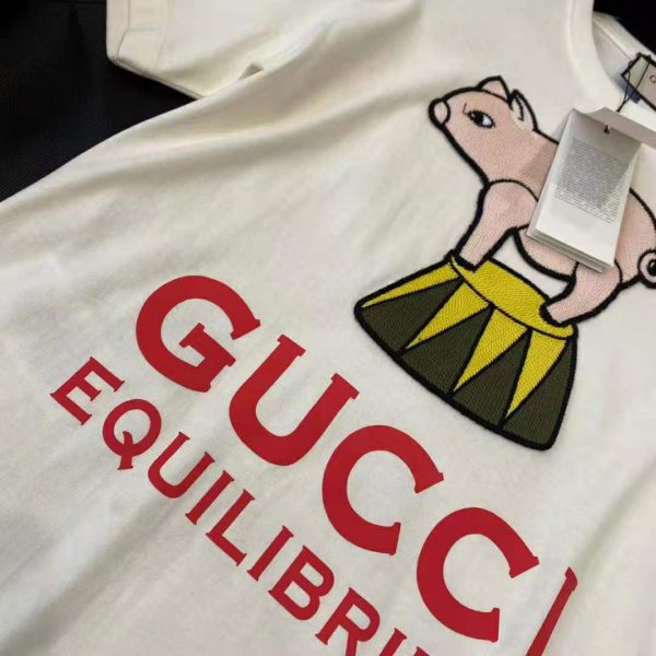 Gucci Women Piglet Patch Oversize T-Shirt Cotton Jersey Crewneck Oversize Fit-White (2)