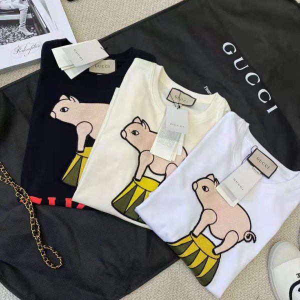 Gucci Women Piglet Patch Oversize T-Shirt Cotton Jersey Crewneck Oversize Fit-White (7)