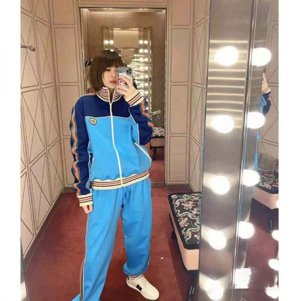 Gucci Women Technical Jersey Zip-Up Jacket with Web Interlocking G-Blue (1)