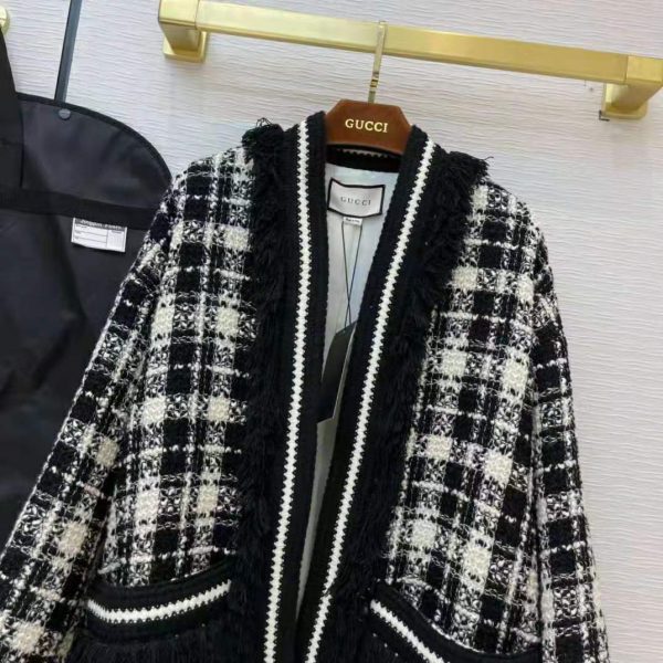 Gucci Women Tweed Jacket Ivory and Black Check Tweed Black Ribbon Wool (10)