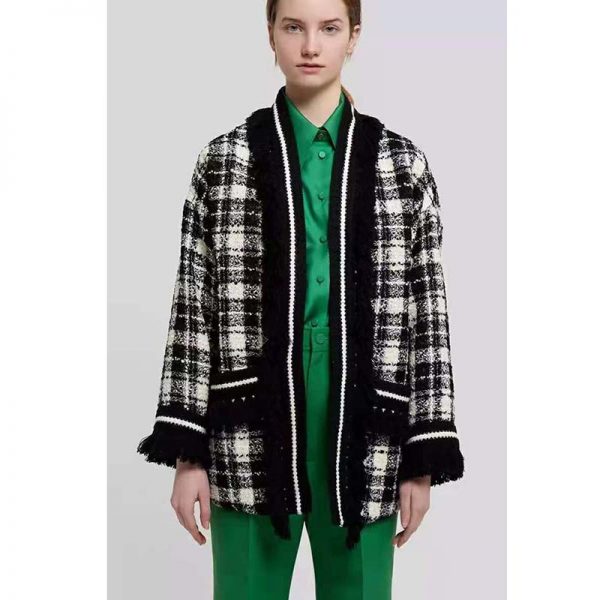 Gucci Women Tweed Jacket Ivory and Black Check Tweed Black Ribbon Wool (8)