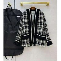 Gucci Women Tweed Jacket Ivory and Black Check Tweed Black Ribbon Wool