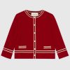 Gucci Women Wool Jacket with Contrast Trim Besom Pockets Crew Neck-Red