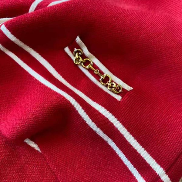 Gucci Women Wool Jacket with Contrast Trim Besom Pockets Crew Neck-Red (7)
