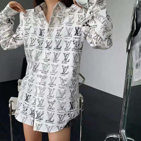 Louis Vuitton Women Placed Graphic Shirt LV Cartoons Cotton Regular Fit-White (11)