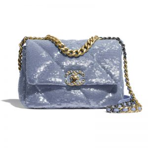 Chanel Women 19 Flap Bag Sequins Calfksin Silver-Tone Gold-Tone Metal Sky Blue