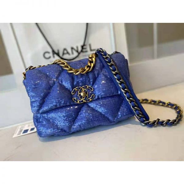 Chanel Women 19 Flap Bag Sequins Calfksin Silver-Tone Gold-Tone Metal Sky Blue (3)