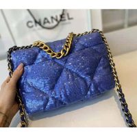 Chanel Women 19 Flap Bag Sequins Calfksin Silver-Tone Gold-Tone Metal Sky Blue