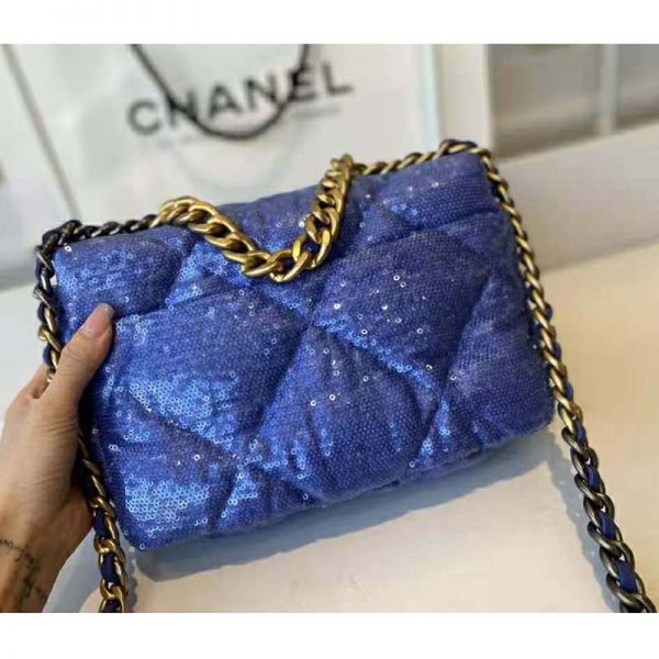 Chanel Women 19 Flap Bag Sequins Calfksin Silver-Tone Gold-Tone Metal Sky Blue (5)