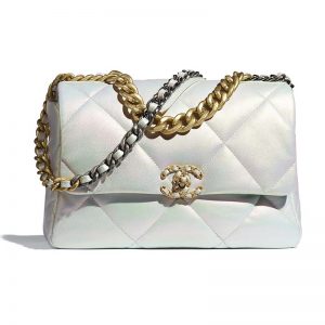 Chanel Women 19 Large Flap Bag Iridescent Calfskin Gold Silver-Tone & Ruthenium-Finish Metal White