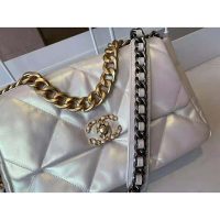 Chanel Women 19 Large Flap Bag Iridescent Calfskin Gold Silver-Tone & Ruthenium-Finish Metal White