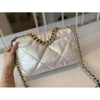 Chanel Women 19 Large Flap Bag Iridescent Calfskin Gold Silver-Tone & Ruthenium-Finish Metal White