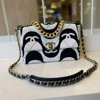 Chanel Women 19 Large Flap Bag Printed Fabric Gold Silver-Tone & Ruthenium-Finish Metal Black & Ecru