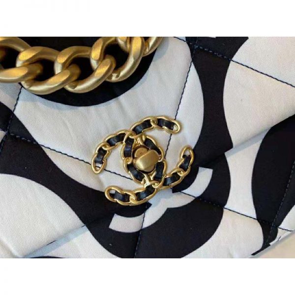 Chanel Women 19 Large Flap Bag Printed Fabric Gold Silver-Tone & Ruthenium-Finish Metal Black & Ecru (5)