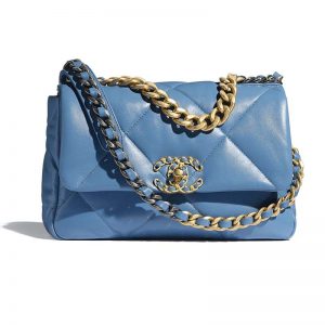 Chanel Women Chanel 19 Flap Bag Lambskin Gold Silver-Tone Ruthenium-Finish Metal Blue