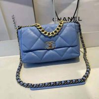 Chanel Women Chanel 19 Flap Bag Lambskin Gold Silver-Tone Ruthenium-Finish Metal Blue