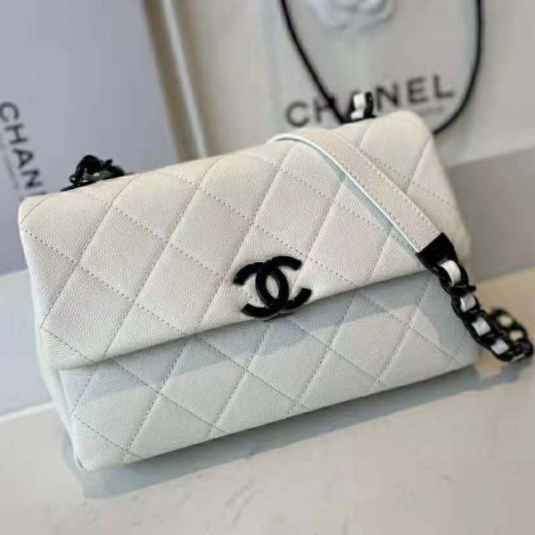 Chanel Women Small Flap Bag Grained Calfskin Lacquered Metal White Black (4)