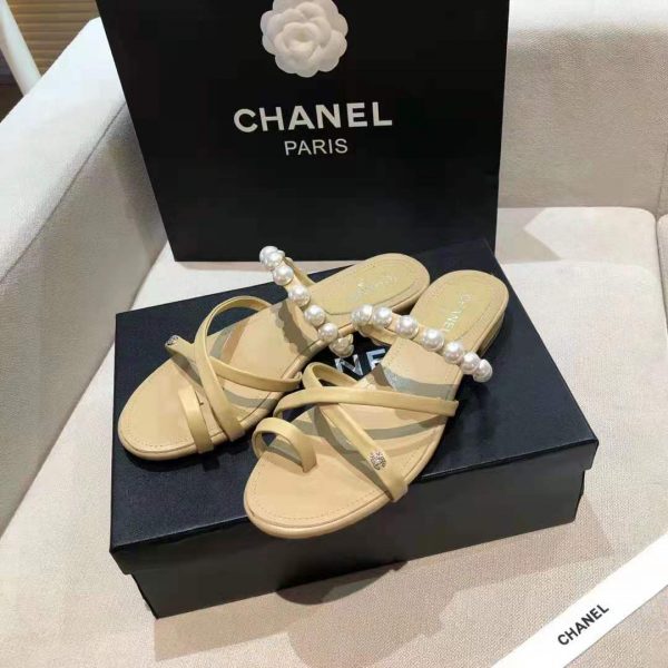 Chanel Women Mules Kid Suede & Pearls Beige 1.5 cm Heel (5)