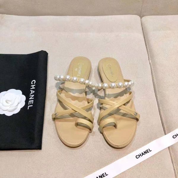 Chanel Women Mules Kid Suede & Pearls Beige 1.5 cm Heel (8)