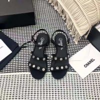 Chanel Women Sandals Cotton Tweed & Jewelry Black 2.5 cm Heel