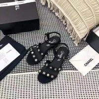 Chanel Women Sandals Cotton Tweed & Jewelry Black 2.5 cm Heel