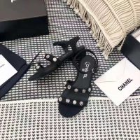 Chanel Women Sandals Cotton Tweed & Jewelry Black 2.5 cm Heel