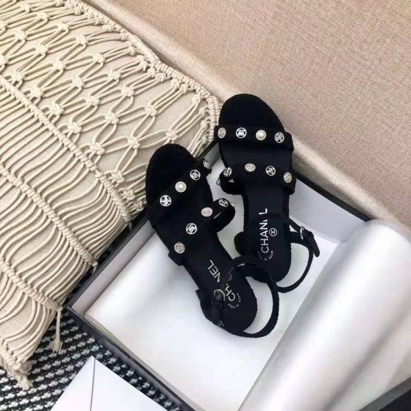 Chanel Women Sandals Cotton Tweed & Jewelry Black 2.5 cm Heel (7)